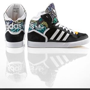 Adidas Extaball High-top sneaker with multicolor butterfly print.